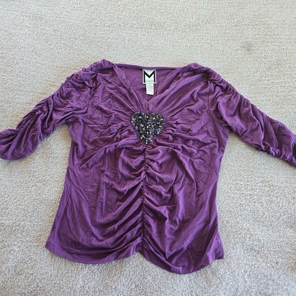 Marc Bouwer Women's Purple Sequined Heart Ruched Fitted Top Size XL Y2K Festival
